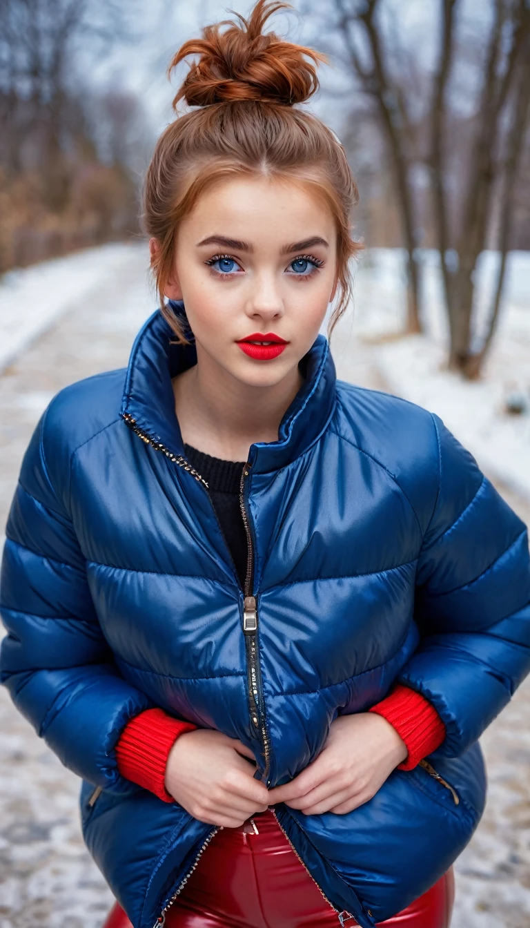 ultrarealistic high quality fullbody photo of a beautiful slim european girl with cute hyperdetailed shy face and natural redhead short messy bun and mischievous face, realistic round hazel eyes, red lips, dark eye makeup with eyeliner, wearing shiny blue puffer jacket and faux leather leggins, hourglass body, outdoor shooting
