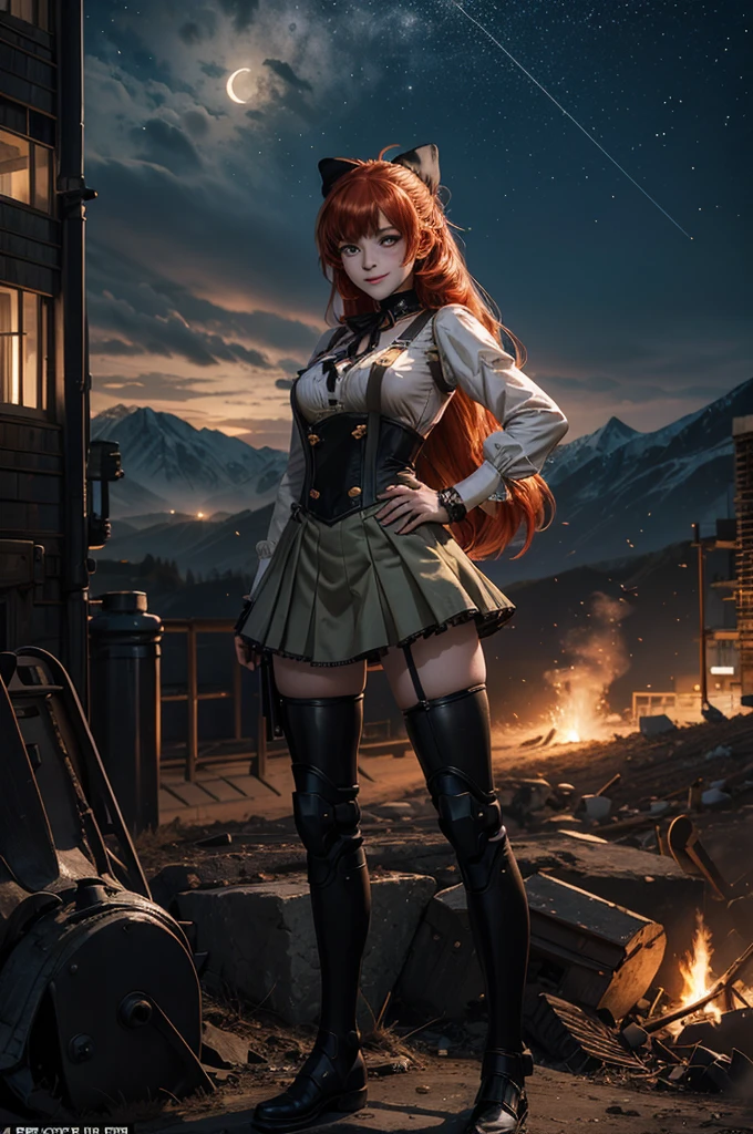 night, moon, stars, cowboy shot, (dynamic pose), smile, underbust, Penny Polendina, long red hair, neck ribbon, suspender skirt, corset, black bow, white blouse, mechanical legs, neon trim, hand on hip, (standing in city ruins), in valley, BREAK mountains in background, waterfall, crowd, (crowd in military uniform), post-apocalypse, dystopian future, bonfires (volumetric lighting), intricate details, tonemapping, sharp focus, hyper detailed