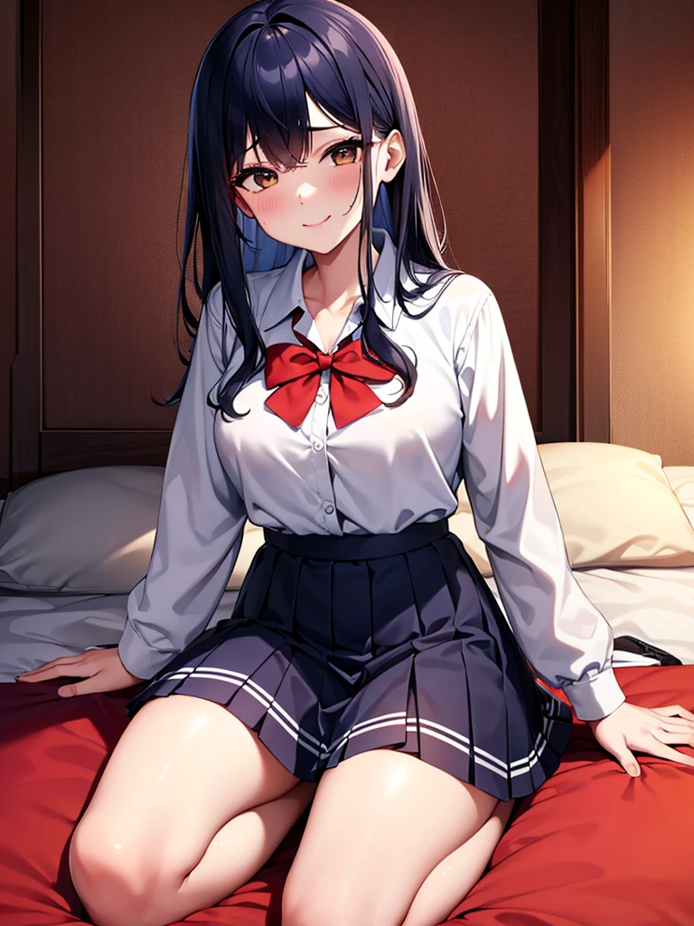 Highest quality, expensive_solve, clear_image, Detailed Background ,girl, Theme Park Costumes、Red long sleeve shirt、White life jacket、Navy blue short pleated skirt(Yellow line in the gap),Bedroom、 night,、Naughty smile、Sweaty、Skirt flip、Hot Breath、expectant face、Detailed costume、Detailed face、Sit on the bed with your legs apart、Sit on the bed with your knees apart、Love hotel bedroom、