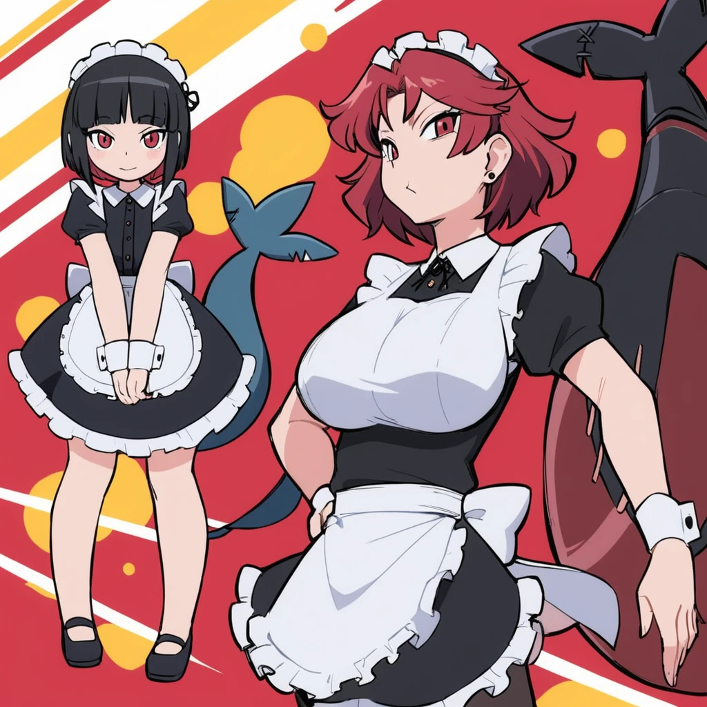 olo,1girl(big breast)(masterpiece, best quality:1.2),Ellen Jo,Zenless Zone Zero,alternate costume ,maid, shark tail, (shark girl:0.5), short hair,black hair,red eyes, tail, pantyhose,multicolored hair, black footwear, short sleeves, apron, wrist cuffs, maidheaddress, stockings, nyantchaellen joe, black hair, red hair,colored inner hair, multicolored hair, (red eyes:1.3), red hair, short hair, two-tone hair,apron, black pantyhose, black shirt, ear piercing,