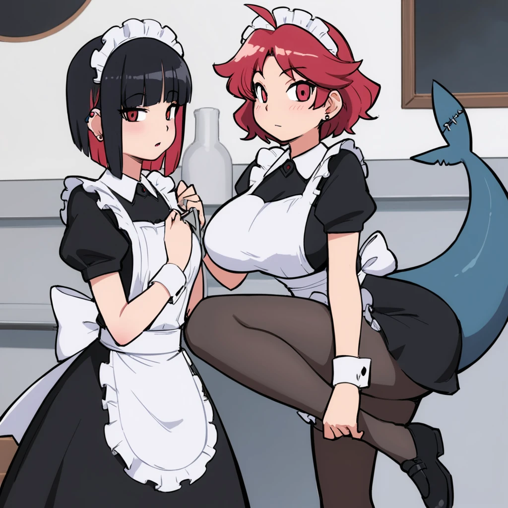 olo,1girl(big breast)(masterpiece, best quality:1.2),Ellen Jo,Zenless Zone Zero,alternate costume ,maid, shark tail, (shark girl:0.5), short hair,black hair,red eyes, tail, pantyhose,multicolored hair, black footwear, short sleeves, apron, wrist cuffs, maidheaddress, stockings, nyantchaellen joe, black hair, red hair,colored inner hair, multicolored hair, (red eyes:1.3), red hair, short hair, two-tone hair,apron, black pantyhose, black shirt, ear piercing,