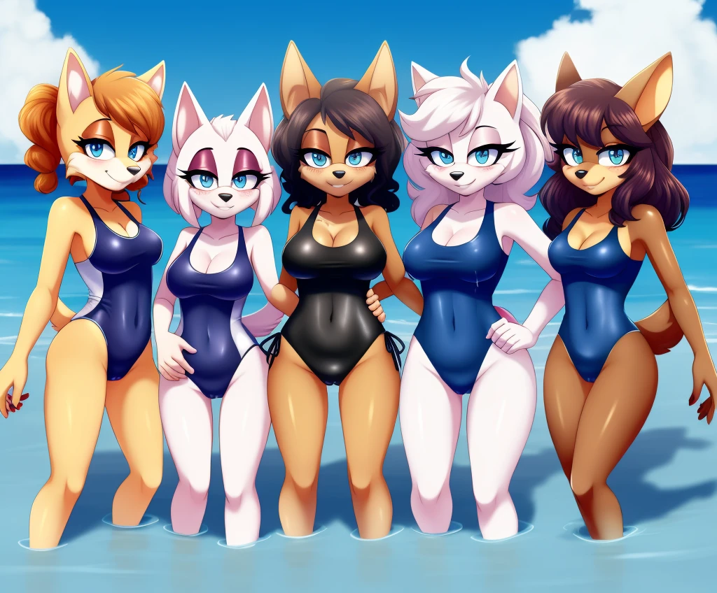 Mobian, furry, fur, tail, anthro female, female furry, detailed fur, best quality, HD, full body, cameltoe, 5girls, 5 girls in beach, multiple subjects, group, team, adult female, group shot, coyote girl, cocker spaniel girl, borzoi girl, jackal girl, wolf girl, furry, anthro, adult, adult breasts, breasts, sexy breasts, lesbian, yuri, group, multiple girls, wet, hot, standing, twintails, looking at viewer, front view, standing, long hair, bangs, standing, casual one-piece swimsuit, bikini, swimsuit, bang, cowboy shot, group shot, white one-piece swimsuit, clothing cutout, portrait, girls together, 5 girls covered in mud, sexy, full body, beach, sunset, curled hair, short hair, ponytails, braid