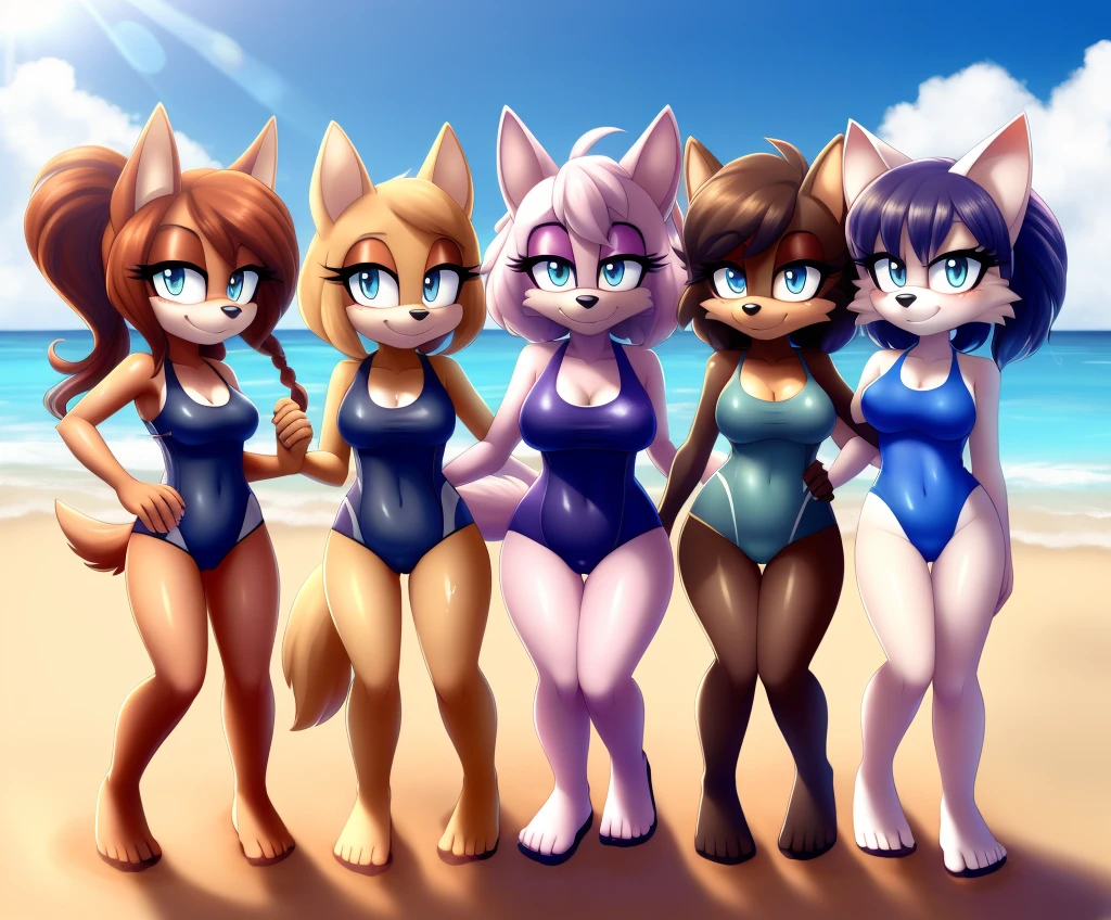 Mobian, furry, fur, tail, anthro female, female furry, detailed fur, best quality, HD, full body, cameltoe, 5girls, 5 girls in beach, multiple subjects, group, team, adult female, group shot, coyote girl, cocker spaniel girl, borzoi girl, jackal girl, wolf girl, furry, anthro, adult, adult breasts, breasts, sexy breasts, lesbian, yuri, group, multiple girls, wet, hot, standing, twintails, looking at viewer, front view, standing, long hair, bangs, standing, casual one-piece swimsuit, bikini, swimsuit, bang, cowboy shot, group shot, white one-piece swimsuit, clothing cutout, portrait, girls together, 5 girls covered in mud, sexy, full body, beach, sunset, curled hair, short hair, ponytails, braid