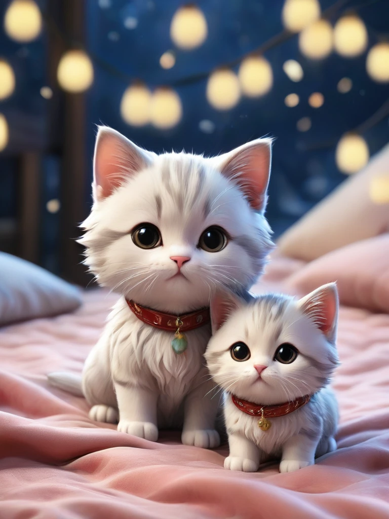Against the background of fireworks,(masterpiece:1.2, high quality), Several kittens sleeping together in bed、
