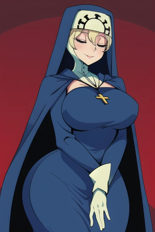 Double, short blonde hair, medium breasts, solo, 1girl, smiling, cowboy shot, closed eyes,
blue habit, cross necklace ,white gloves, long sleeves, nun, long skirt
(insanely detailed, beautiful detailed face,beautiful detailed eyes, masterpiece, best quality) room, bedroom, sexy pose, cape, cloak, sexy hips, lying down