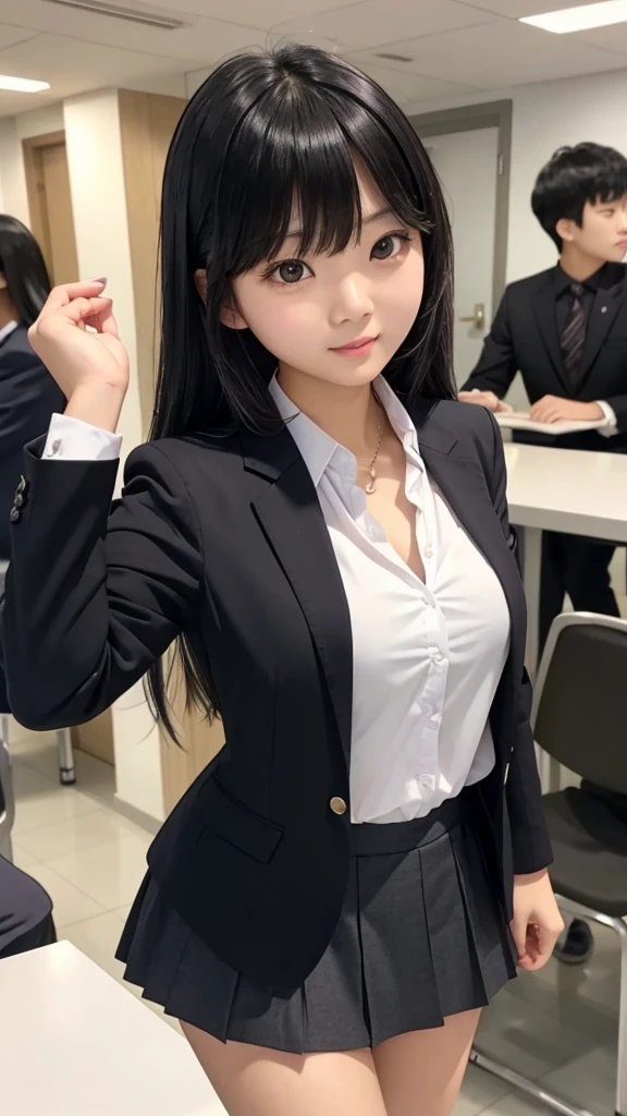 Tabletop、highlight、Asian woman、Black Hair、Heavy bangs、high school girl、blazer、skirt、Gazing Eyes、Support your chest with your arms、tight chest、
