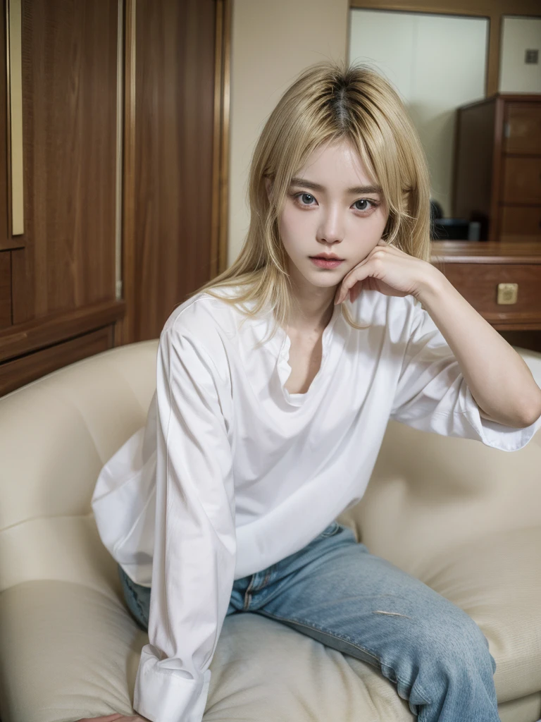 8k, Masterpiece, high quality, good proportions, maravellous, androgynous prince, ulzzang, blonde hair, cabello rubio, blonde hair, asian guy, asian boy, casual oufit