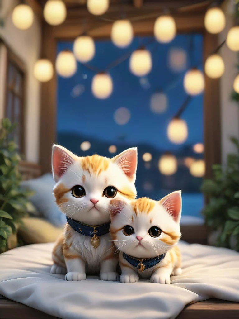 Against the background of fireworks,(masterpiece:1.2, high quality), Several kittens sleeping together in bed、