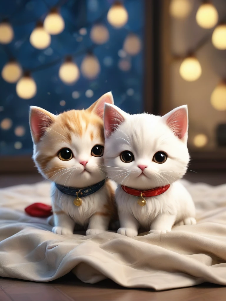 Against the background of fireworks,(masterpiece:1.2, high quality), Several kittens sleeping together in bed、