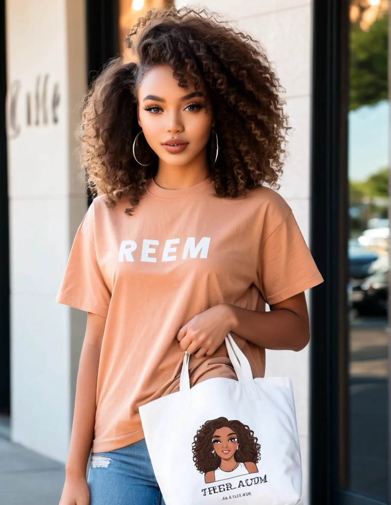 beautiful african mixed, 23 year_old, Fit_Figure,tall_height, with Long_brown_ curly hair, light brown_skin, oversized tee-shirt,blue_oversize_jeans, holding a White tote bag with chrom drawing on,almond eyes, cherry lips,wearing chromed makeup of rem beauty