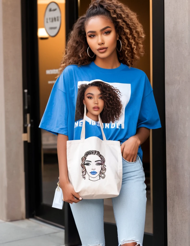 beautiful african mixed, 23 year_old, Fit_Figure,tall_height, with Long_brown_ curly hair, light brown_skin, oversized tee-shirt,blue_oversize_jeans, holding a White tote bag with chrom drawing on,almond eyes, cherry lips,wearing chromed makeup of rem beauty