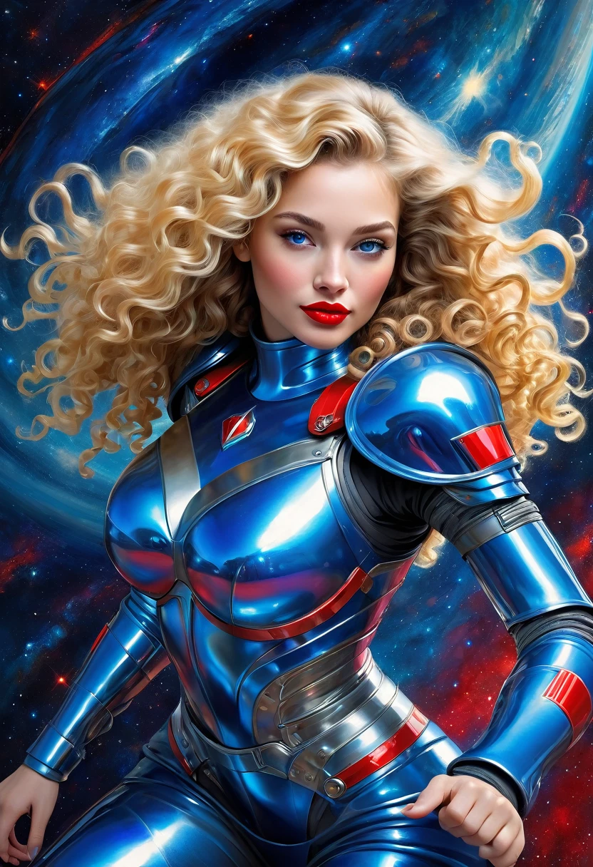 High-quality realistic acrylic painting, VIVID COLORS, a beautiful woman with long blonde curly hair, red lips, looking at the viewer with suspicious face and a shy smile. She wears shades of blue shiny ultra-glossy armor, with the hands in waist, against a deep space background