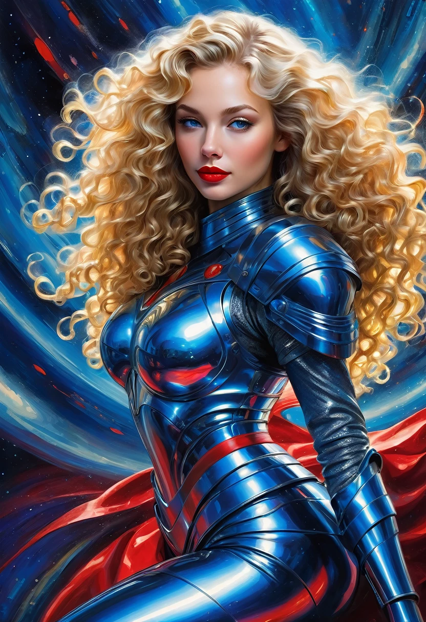 High-quality realistic acrylic painting, VIVID COLORS, a beautiful woman with long blonde curly hair, red lips, looking at the viewer with suspicious face and a shy smile. She wears shades of blue shiny ultra-glossy armor, with the hands in waist, against a deep space background