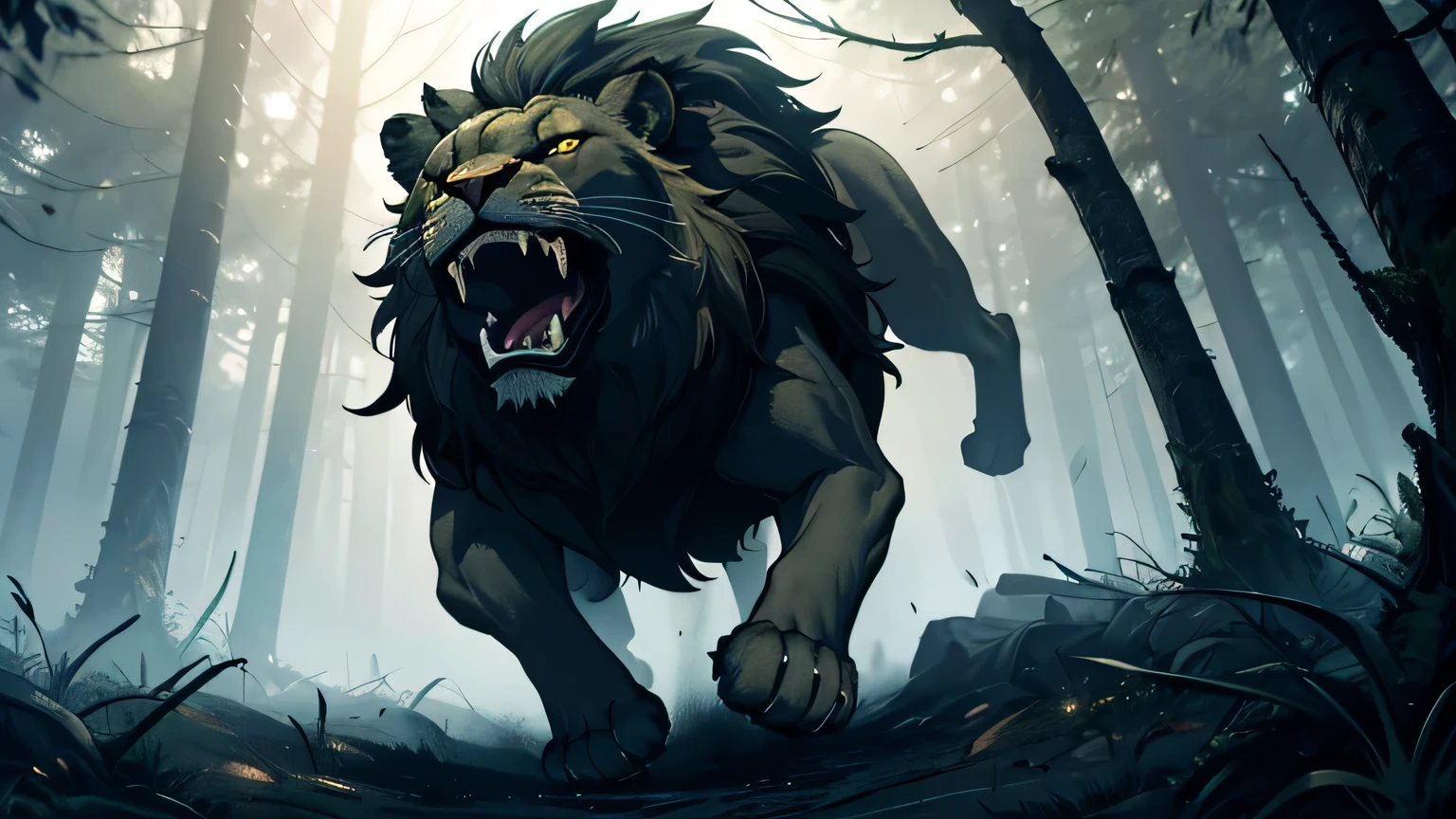 angry lion, attacking in a jump in the air bright yellow eyes, sharp teeth, changing lighting, Hyper realistic, gloomy and mysterious forest, cinematic lighting, intricate details, 8k, high quality, photorealistic, dramatic, powerful, majestic