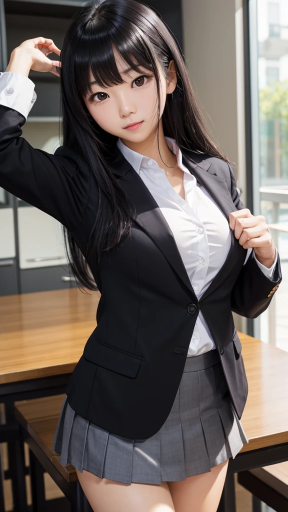 Tabletop、highlight、Asian woman、Black Hair、Heavy bangs、high school girl、blazer、skirt、Gazing Eyes、Support your chest with your arms、tight chest、