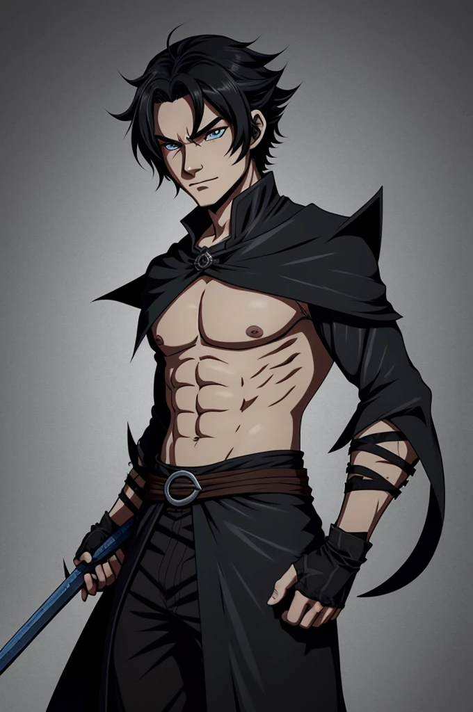 A male character in the style of demon slayer animation,full body, with short messy hair, black color, eyes with blue and black heterochromia, es un pilar y lleva el uniforme característico de los caza demonios de black color y rojo con una catana black color, white skin , striking eyes, an oval face , a turned up nose the entire drawing in the demon slayer animation style, with an age of 14 years, don&#39;t look older
