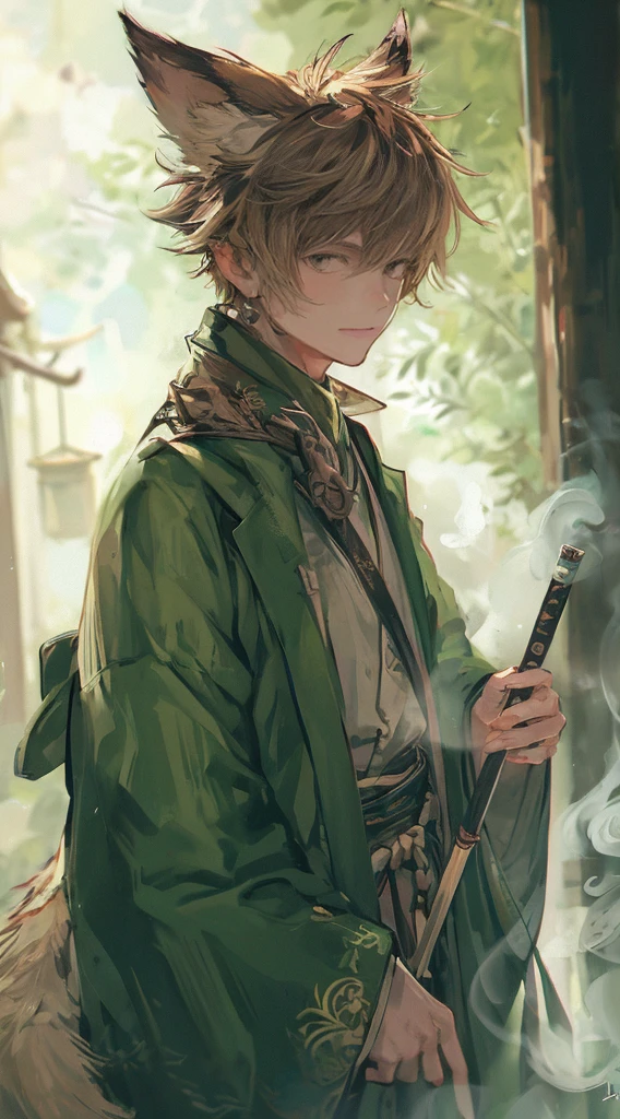 Heart sunglasses, blonde curly hair, green jacket, tai chi, young man