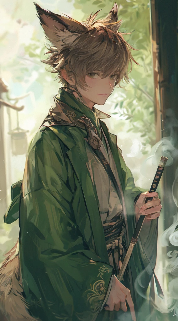 Heart sunglasses, blonde curly hair, green jacket, tai chi, young man