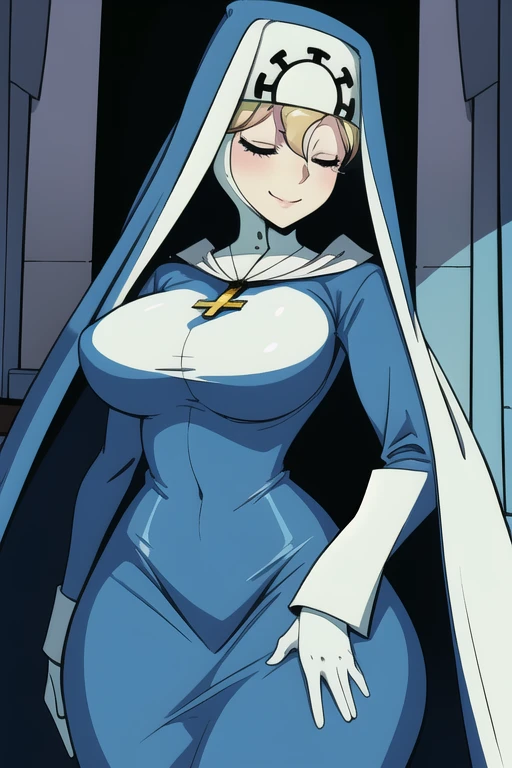Double, short blonde hair, medium breasts, solo, 1girl, smiling, cowboy shot, closed eyes,
blue habit, cross necklace ,white gloves, long sleeves, nun, long skirt
(insanely detailed, beautiful detailed face,beautiful detailed eyes, masterpiece, best quality) room, bedroom, sexy pose, cape, cloak, sexy hips