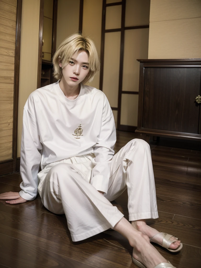 8k, Masterpiece, high quality,  good proportions, maravellous, androgynous prince, ulzzang, blonde hair, cabello rubio, blonde hair, asian guy, asian boy, casual oufit
