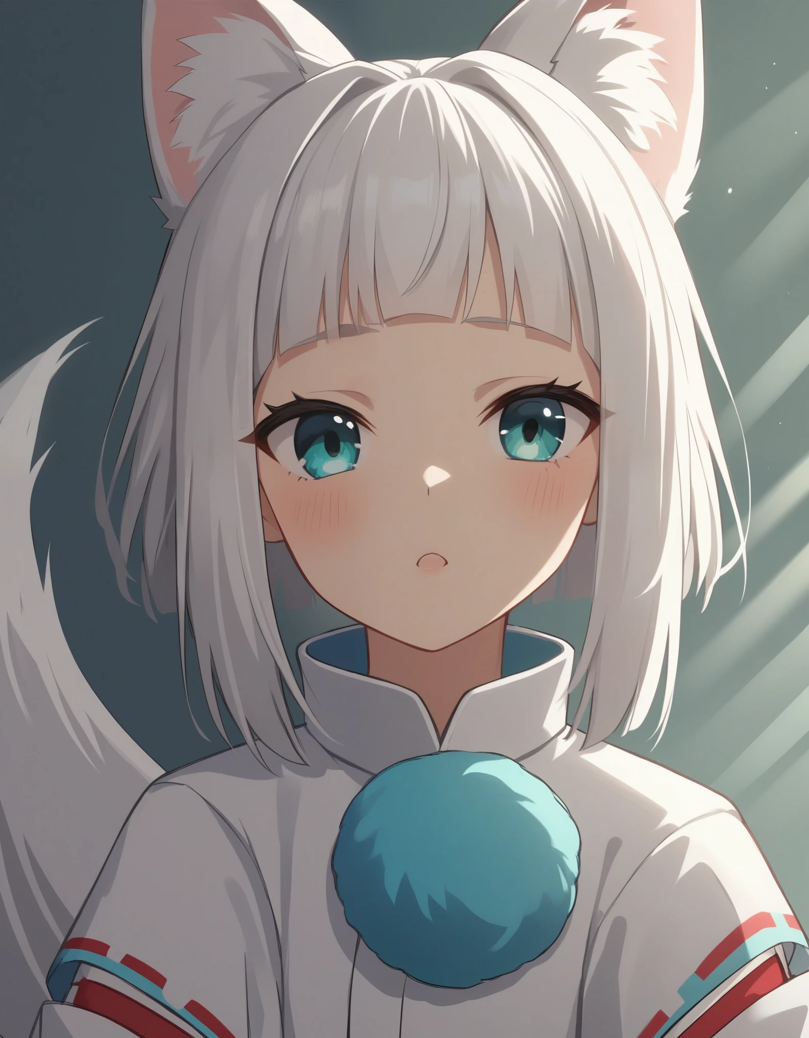 score_9, score_8_up, score_7_up, score_6_up, , source_anime, anime coloring, anime screencap,, kon, fox girl, white kimono, White hair, White Tail,, flat chest, focustreet background, sunlight, focus on face, portrait,