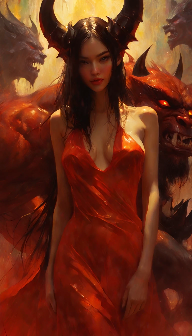 The sexy girl loves the giant demon, (art inspired in Bill Sienkiewicz). oil painting) (best quality,4k,8k,highres,masterpiece:1.2),ultra-detailed,(realistic,photorealistic,photo-realistic:1.37),intricate details,vivid colors,sharp focus,professional,Dave McKean artwork, oil touch of surrealism,oil painting style
