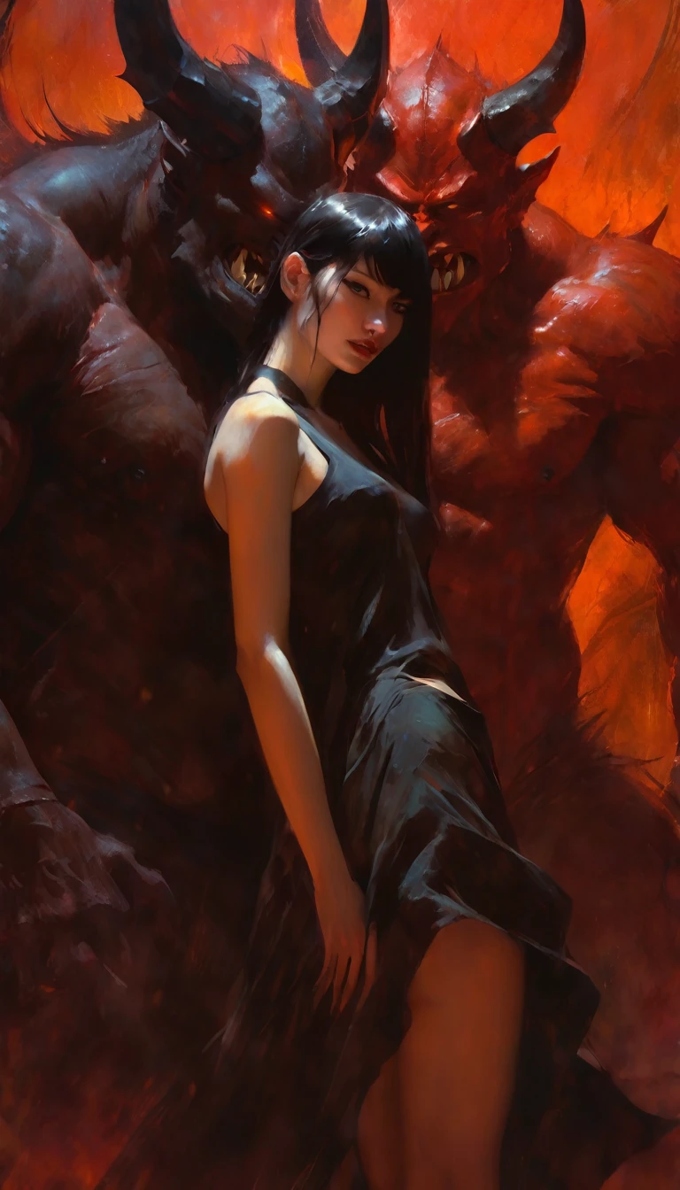 The sexy girl loves the giant demon, (art inspired in Bill Sienkiewicz). oil painting) (best quality,4k,8k,highres,masterpiece:1.2),ultra-detailed,(realistic,photorealistic,photo-realistic:1.37),intricate details,vivid colors,sharp focus,professional,Dave McKean artwork, oil touch of surrealism,oil painting style
