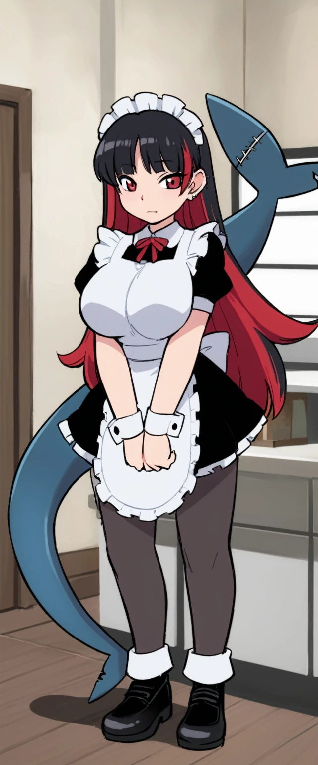 olo,1girl(big breast)(masterpiece, best quality:1.2),Ellen Jo，Zenless Zone Zero，alternate costume ,maid, shark tail, (shark girl:0.5), short hair，black hair，red eyes, tail, pantyhose,multicolored hair, black footwear, short sleeves, apron, wrist cuffs, maidheaddress, stockings, nyantchaellen joe, black hair, red hair，colored inner hair, multicolored hair, (red eyes:1.3), red hair, short hair, two-tone hair,apron, black pantyhose, black shirt, ear piercing, olo,1girl(big breast)(masterpiece, best quality:1.2),Ellen Jo，Zenless Zone Zero，alternate costume ,maid, shark tail, (shark girl:0.5), short hair，black hair，red eyes, tail, pantyhose,multicolored hair, black footwear, short sleeves, apron, wrist cuffs, maidheaddress, stockings, nyantchaellen joe, black hair, red hair，colored inner hair, multicolored hair, (red eyes:1.3), red hair, short hair, two-tone hair,apron, black pantyhose, black shirt, ear piercing, 