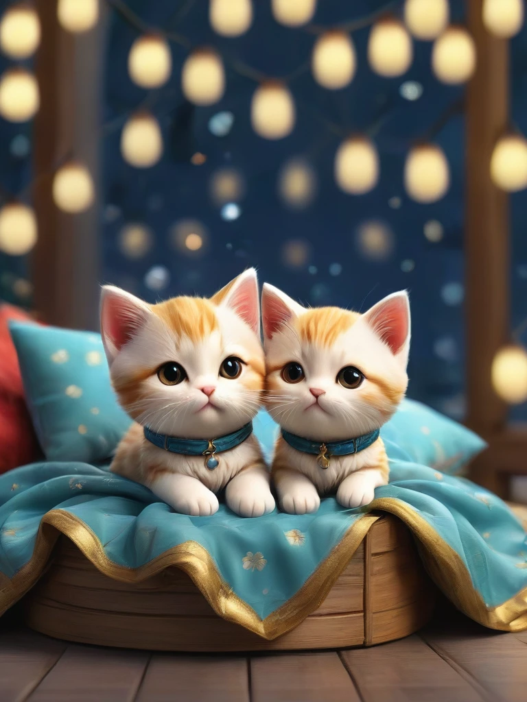 Against the background of fireworks,(masterpiece:1.2, high quality), Several kittens sleeping together in bed、