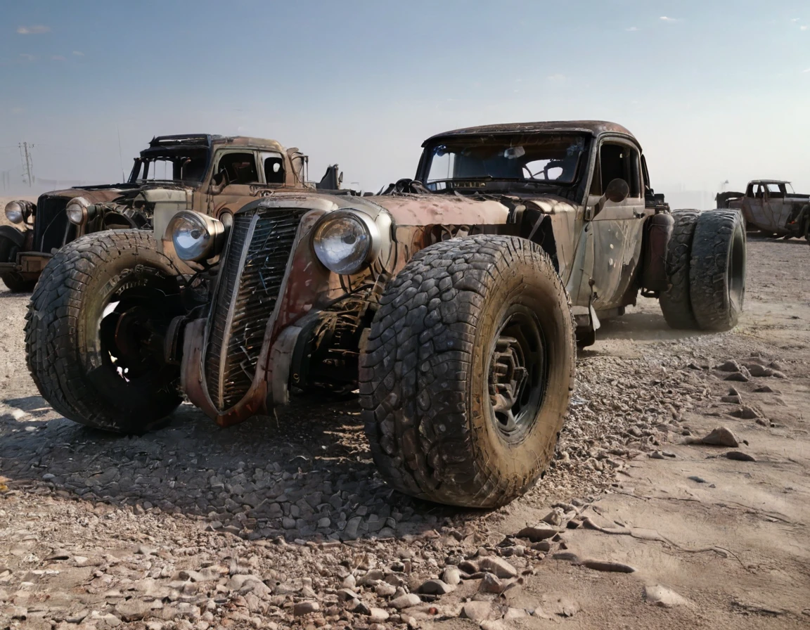 a powerful off-roader, post-apocalyptic, mad max style, weathered and dystopian, desert landscape, dramatic lighting, vibrant colors, gritty and rugged, heavily modified vehicle, massive wheels, spikes and armor plating, menacing presence, cinematic composition, ultra-detailed, 8k, photorealistic, dramatic angles, chiaroscuro lighting, volumetric fog, dust and grime effects, worn and battle-damaged, ominous atmosphere, cinematic depth of field, dramatic color grading, intense shadows and highlights, car old Bentley, with visible motor V8