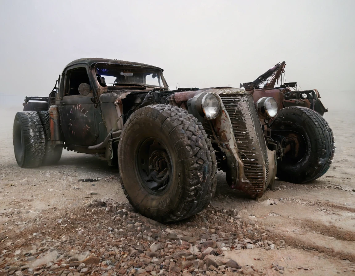 a powerful off-roader, post-apocalyptic, mad max style, weathered and dystopian, desert landscape, dramatic lighting, vibrant colors, gritty and rugged, heavily modified vehicle, massive wheels, spikes and armor plating, menacing presence, cinematic composition, ultra-detailed, 8k, photorealistic, dramatic angles, chiaroscuro lighting, volumetric fog, dust and grime effects, worn and battle-damaged, ominous atmosphere, cinematic depth of field, dramatic color grading, intense shadows and highlights, car old Bentley, with visible motor V8