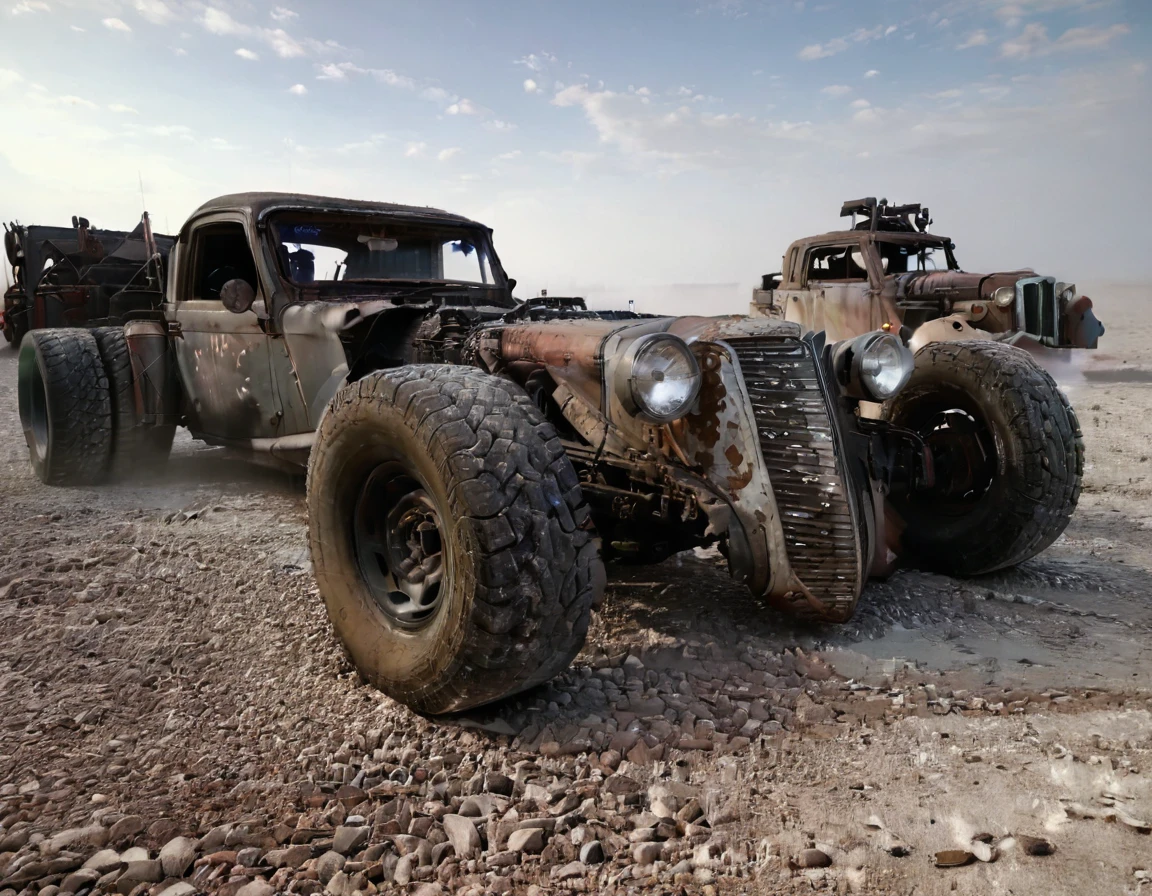 a powerful off-roader, post-apocalyptic, mad max style, weathered and dystopian, desert landscape, dramatic lighting, vibrant colors, gritty and rugged, heavily modified vehicle, massive wheels, spikes and armor plating, menacing presence, cinematic composition, ultra-detailed, 8k, photorealistic, dramatic angles, chiaroscuro lighting, volumetric fog, dust and grime effects, worn and battle-damaged, ominous atmosphere, cinematic depth of field, dramatic color grading, intense shadows and highlights, car old Bentley, with visible motor V8