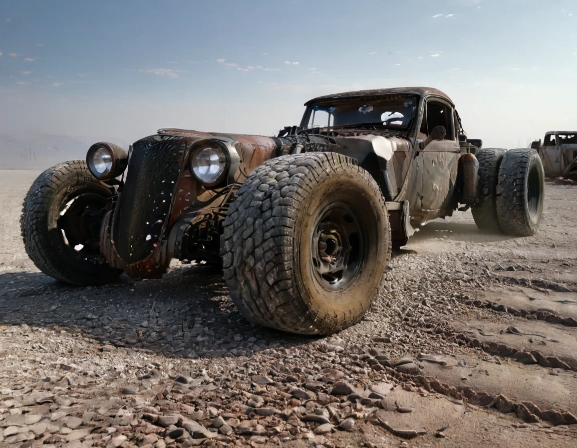 a powerful off-roader, post-apocalyptic, mad max style, weathered and dystopian, desert landscape, dramatic lighting, vibrant colors, gritty and rugged, heavily modified vehicle, massive wheels, spikes and armor plating, menacing presence, cinematic composition, ultra-detailed, 8k, photorealistic, dramatic angles, chiaroscuro lighting, volumetric fog, dust and grime effects, worn and battle-damaged, ominous atmosphere, cinematic depth of field, dramatic color grading, intense shadows and highlights, car old Bentley, with visible motor V8