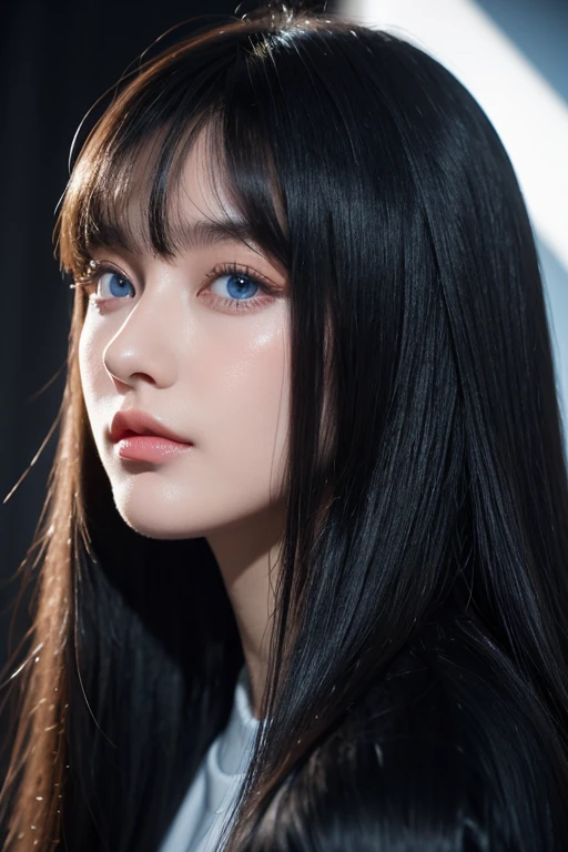 model, black hair, straight hair, long hair, blue eyes with star-shaped and light blue pupils, old money, Medium height, has bangs, perfect nose, lips a little thick, korean, famous, shiny hair.