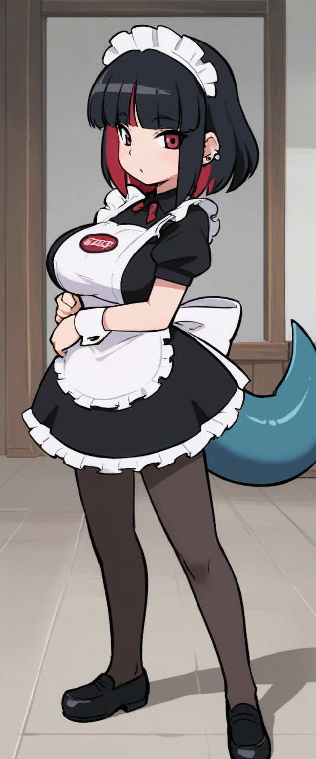 olo,1girl(big breast)(masterpiece, best quality:1.2),Ellen Jo，Zenless Zone Zero，alternate costume ,maid, shark tail, (shark girl:0.5), short hair，black hair，red eyes, tail, pantyhose,multicolored hair, black footwear, short sleeves, apron, wrist cuffs, maidheaddress, stockings, nyantchaellen joe, black hair, red hair，colored inner hair, multicolored hair, (red eyes:1.3), red hair, short hair, two-tone hair,apron, black pantyhose, black shirt, ear piercing, 