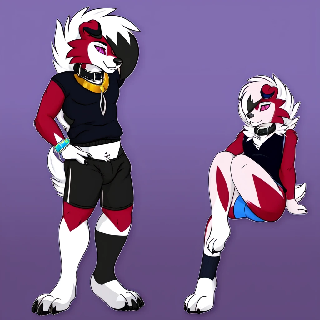 A dark purple Midnight femboy lycanroc wearing a black sweatshirt and a blue diaper and white socks with black stripes and a gold dog collar around his neck and with bracelets on his arms