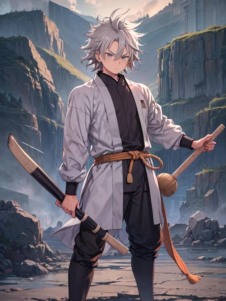 Grey Hair , Hazel Eyes , Gon Hair , Messy Hair , Young Man , Cow horn , 雄Cow horn , White martial arts uniform , Standing in the Stone Arena , Young Man , , toriyama akira , Serious expression , 1 male , Wild Plains Background