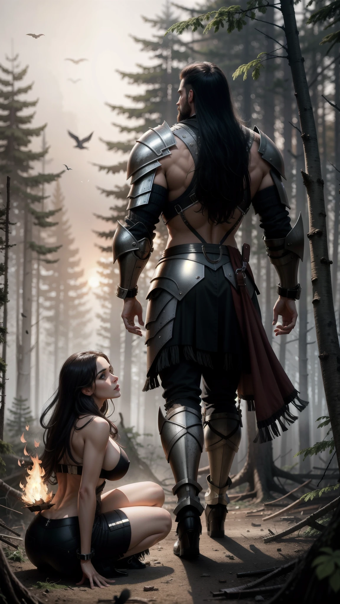 High resolution drawing of big warrior with his back to the camera in futuristic armor with muscular body, head to the right looking at an unclothed woman on her knees with huge breasts, walking in a destroyed forest with burning trees, eagles and crows flying in the sky at dusk