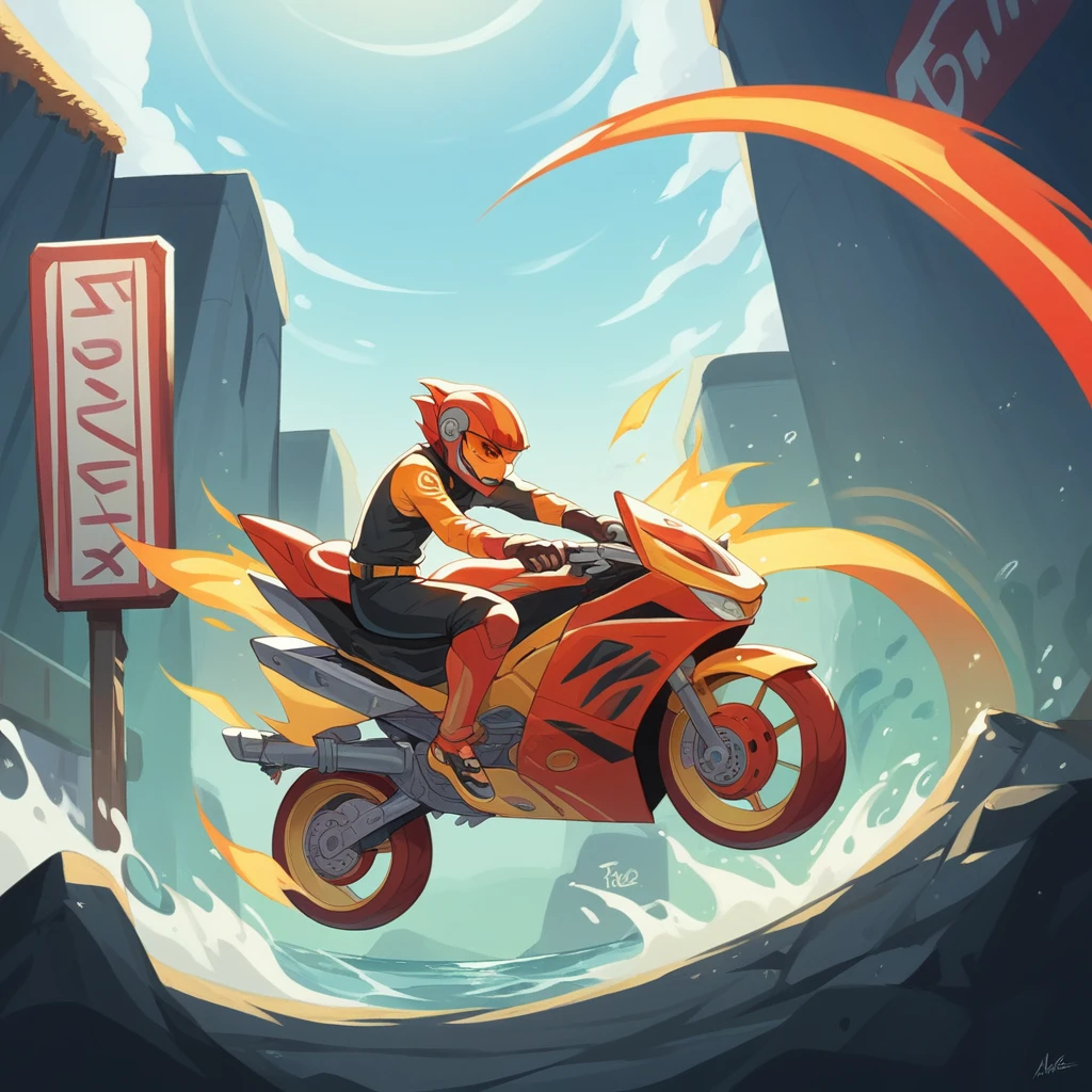 A pretty skin white Muslimah wearing a black, yellow and red motorbike race suit with a full-face helmet, riding a big and smart robotic futuristic rough race motorbike through a tunnel with neon signs and futuristic graffiti on the walls. The motorbike's headlights glow brightly, showcasing fast motion effects at the wheels with added motion blur and balanced tones and contrast. Nature, water, fire and wind effect air brush. Ride faster at the corner. Full HD and UHD versions. Include sparks flying from the motorbike's exhaust. Make her expression determined and focused. Neon ambiance effects