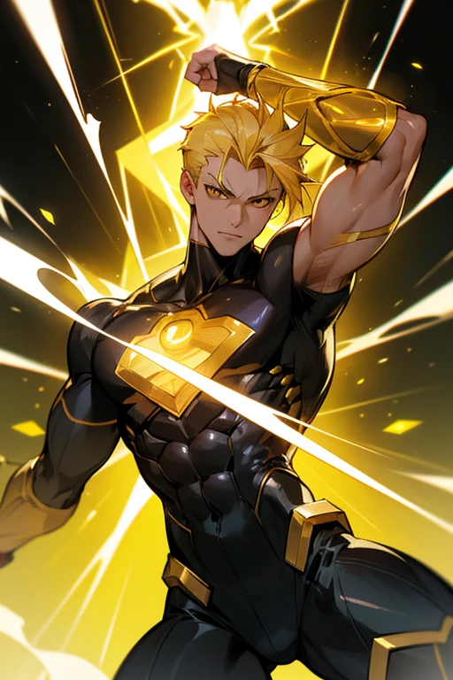 male superhero doing hero pose, short blonde hair combed up, sculpted and confident face, with bright yellow eyes that seem to radiate energy, costume is predominantly black with bright yellow accents that resemble circuitry or energy flowing through the costume. these details are mainly around the chest, Arms and legs, His right arm is enveloped in bright yellow energy., that seems to be emanating from him.