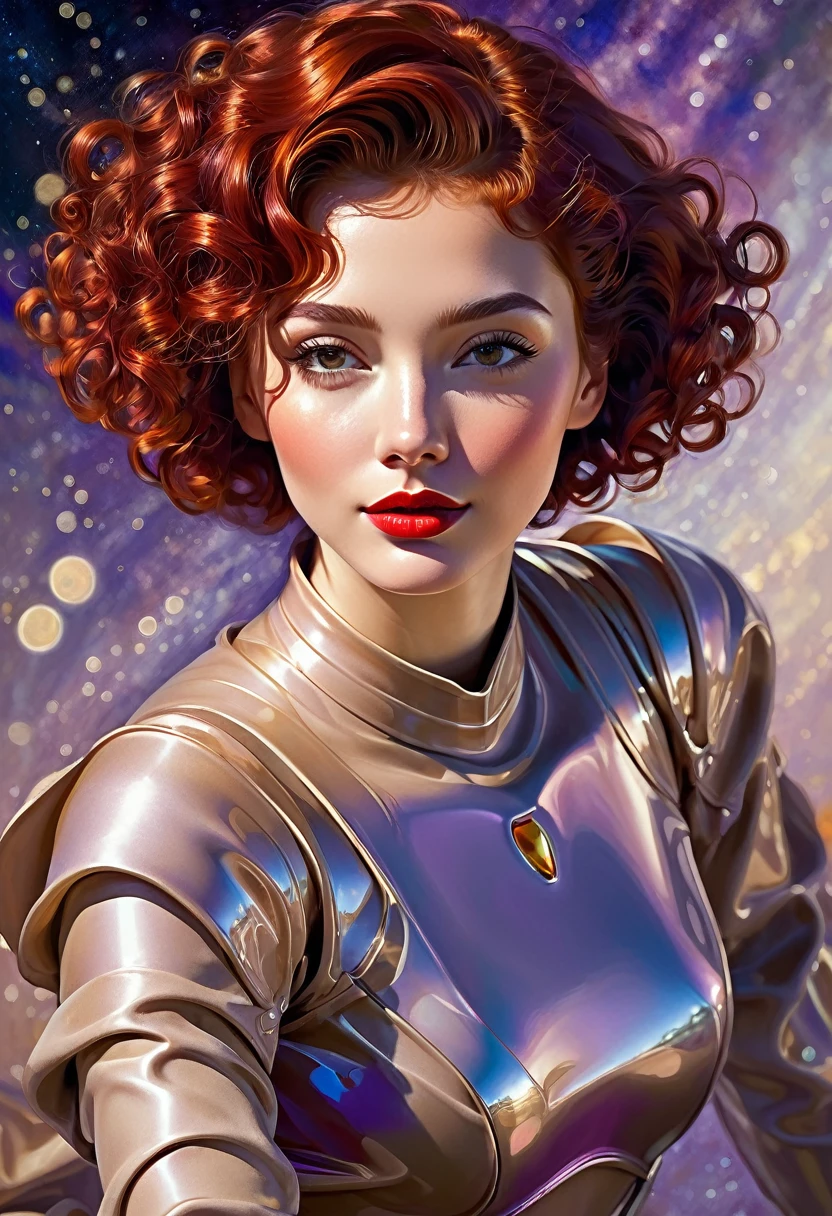 High-quality realistic acrylic painting, lateral back view, VIVID COLORS, a beautiful woman with short curly red hair, red lips, looking at the viewer with suspicious face and a shy smile. She wears beige AND purple shiny ultra-glossy armor, with the hands in waist, against a deep space background