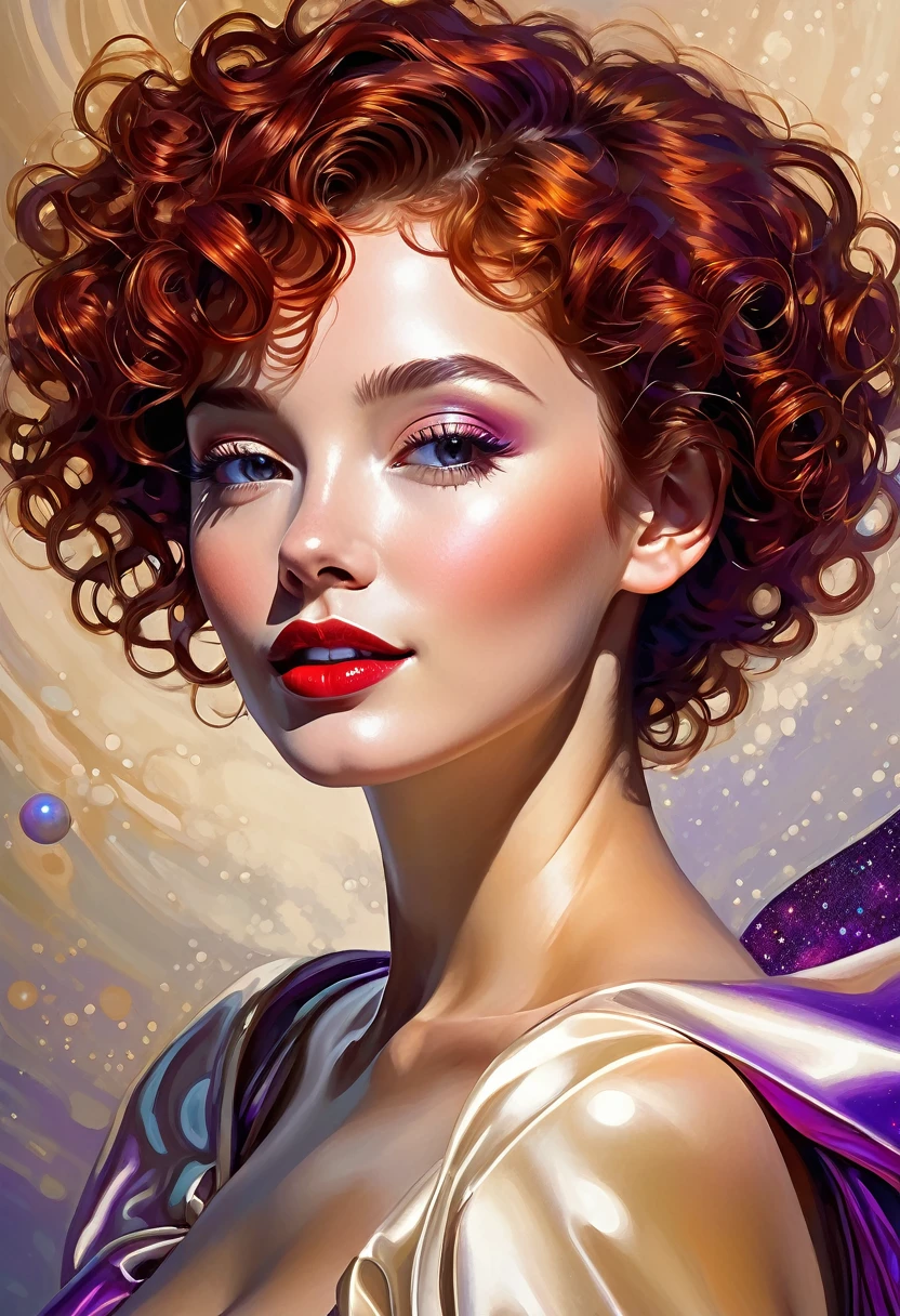 High-quality realistic acrylic painting, lateral back view, VIVID COLORS, a beautiful woman with short curly red hair, red lips, looking at the viewer with suspicious face and a shy smile. She wears beige AND purple shiny ultra-glossy armor, with the hands in waist, against a deep space background