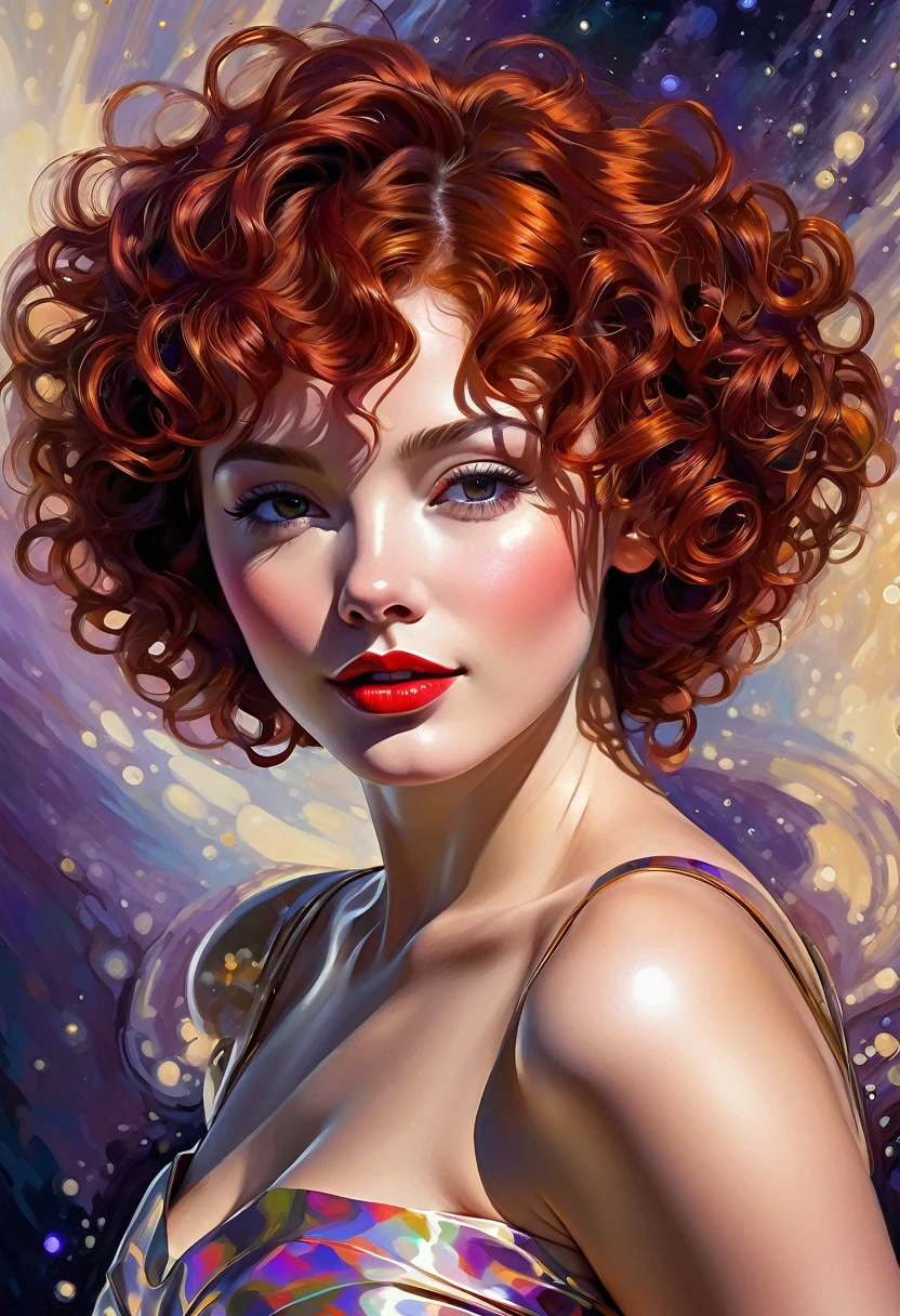 High-quality realistic acrylic painting, lateral back view, VIVID COLORS, a beautiful woman with short curly red hair, red lips, looking at the viewer with suspicious face and a shy smile. She wears beige AND purple shiny ultra-glossy armor, with the hands in waist, against a deep space background