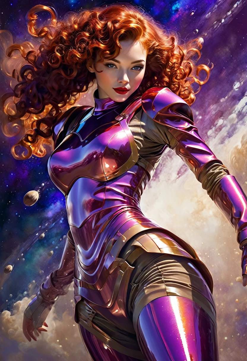 High-quality realistic acrylic painting, lateral back view, VIVID COLORS, a beautiful woman with short curly red hair, red lips, looking at the viewer with suspicious face and a shy smile. She wears beige AND purple shiny ultra-glossy armor, with the hands in waist, against a deep space background