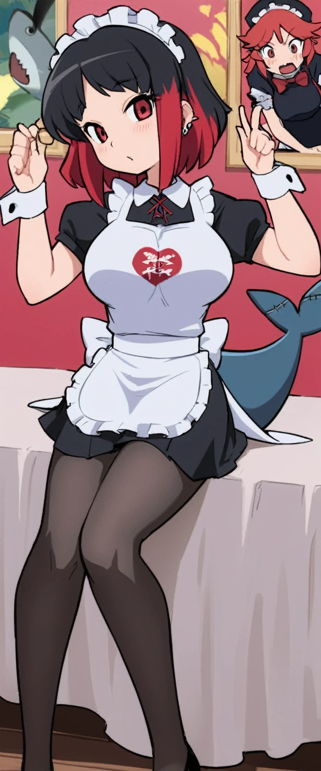 olo,1girl(big breast)(masterpiece, best quality:1.2),Ellen Jo，Zenless Zone Zero，alternate costume ,maid, shark tail, (shark girl:0.5), short hair，black hair，red eyes, tail, pantyhose,multicolored hair, black footwear, short sleeves, apron, wrist cuffs, maidheaddress, stockings, nyantchaellen joe, black hair, red hair，colored inner hair, multicolored hair, (red eyes:1.3), red hair, short hair, two-tone hair,apron, black pantyhose, black shirt, ear piercing, olo,1girl(big breast)(masterpiece, best quality:1.2),Ellen Jo，Zenless Zone Zero，alternate costume ,maid, shark tail, (shark girl:0.5), short hair，black hair，red eyes, tail, pantyhose,multicolored hair, black footwear, short sleeves, apron, wrist cuffs, maidheaddress, stockings, nyantchaellen joe, black hair, red hair，colored inner hair, multicolored hair, (red eyes:1.3), red hair, short hair, two-tone hair,apron, black pantyhose, black shirt, ear piercing, 