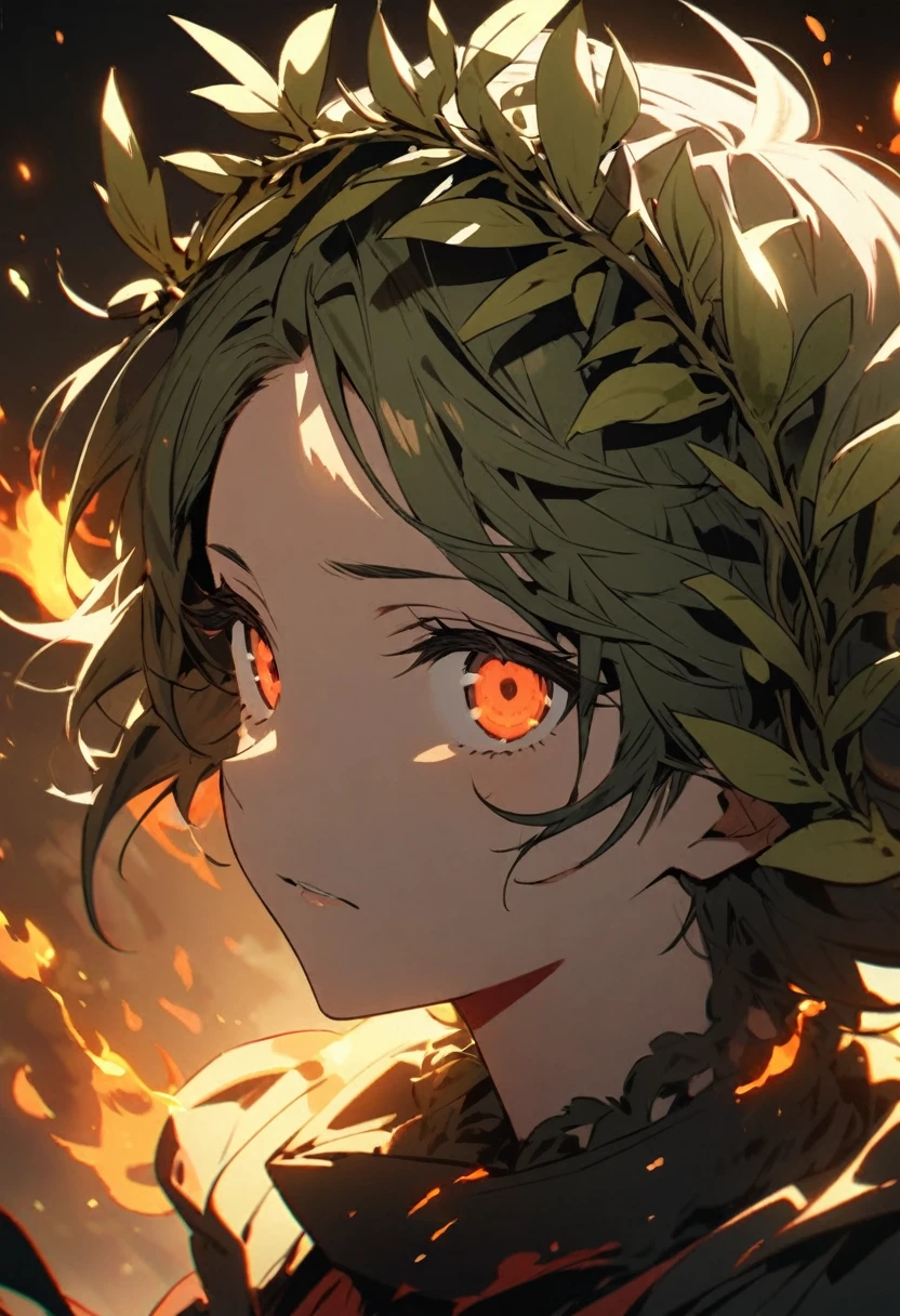 an extremely detailed laurel wreath of olive leaves made of fire