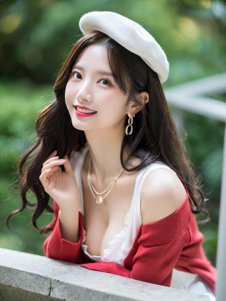 1 girl, national foundation, (hotel background), ((32k, raw, masterpiece: 1.5)), (Professional photography, sharp:1.2), Perfect dynamic composition, (Natural sun light), (soft shadow), (((voluptuous figure))), ((huge round breasts: 1.2)), (((((black long curly hair))))), Ultra-detailed faces and skin, perfect asian, White skin, (Delicate skin:1.4), (latex skin:0.4), (perfect glowing skin:0.6), light brown eyes, beautiful eyes, round eyes, pretty face, blush, glossy lips, glossy eyes, Perfectly proportioned face, Really moist skin, Refined expression, (((huge smile at the camera))), looking at camera, Refined expression, Elegant necklace, Elegant earrings, minimalist, kato megumi, solo, cosplay, white hat, frills thighhighs, dress, cardigan, skirt, long sleeves, blue neck ribbon, beret, headwear, open cardigan, red cardigan, frilled trim, loafers,