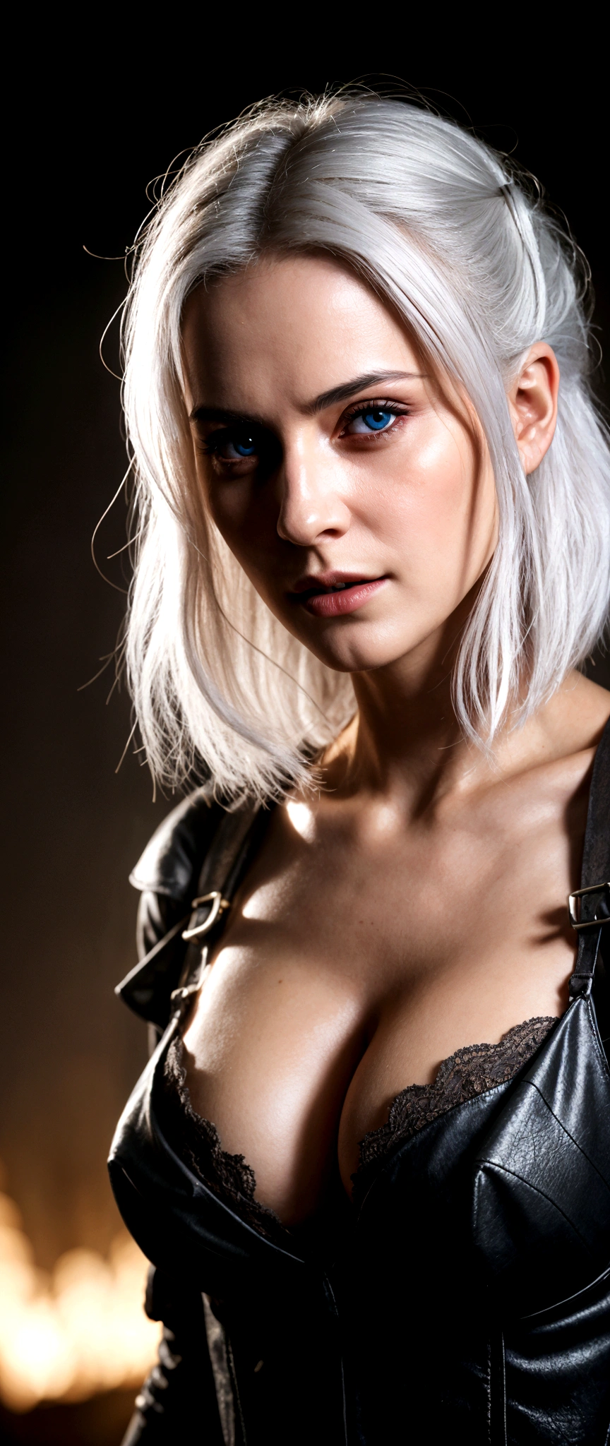 ciri from the witcher 3, midshot, massive perfect breast, cleavage,tetradic colors, inkpunk, enlightenment, 4k resolution, intricately detailed, cinematic, detailed symmetric eyes, intricate details, beautiful detailed intricate face, Carne Griffiths and Wadim Kashin, concept art, ominous, approaching perfection, highly detailed, smooth, sharp focus, digital art, perfect composition, Yabadaba, hyperdetailed painting, ISO 200, 100mm, DLSR, dynamic, light studio, vibrant,