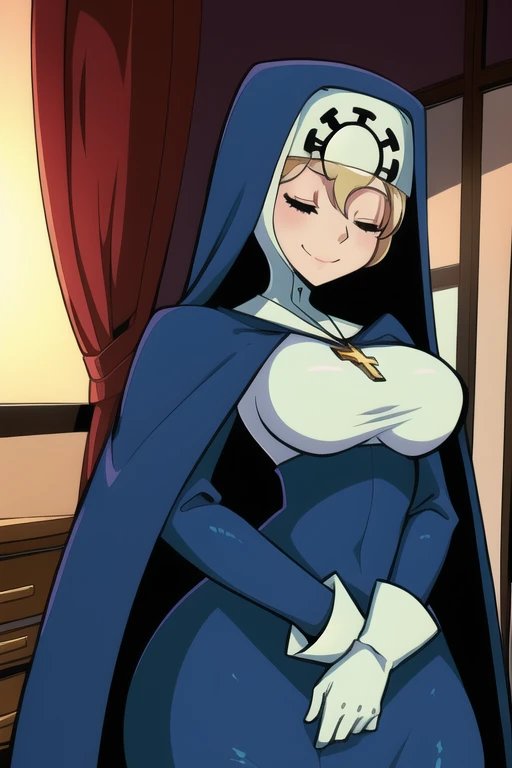 Double, short blonde hair, medium breasts, solo, 1girl, smiling, cowboy shot, closed eyes,
blue habit, cross necklace ,white gloves, long sleeves, nun, long skirt, room, bedroom, sexy pose, cape, cloak, sexy breasts