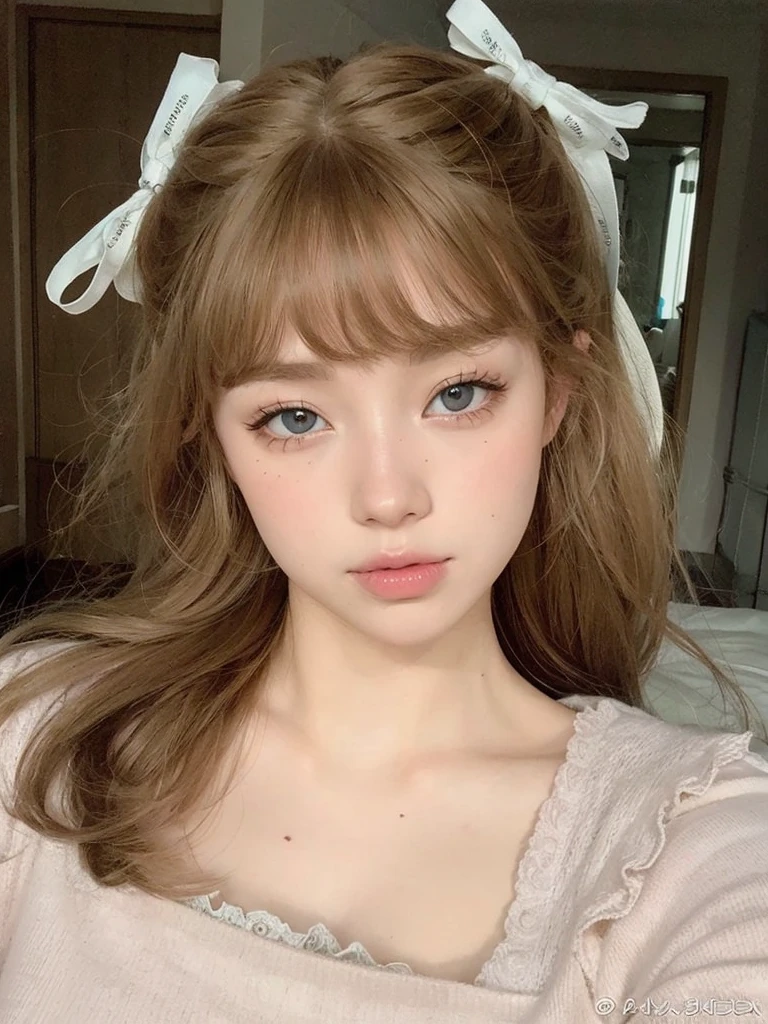 blonde with brown eyes and pink mouth